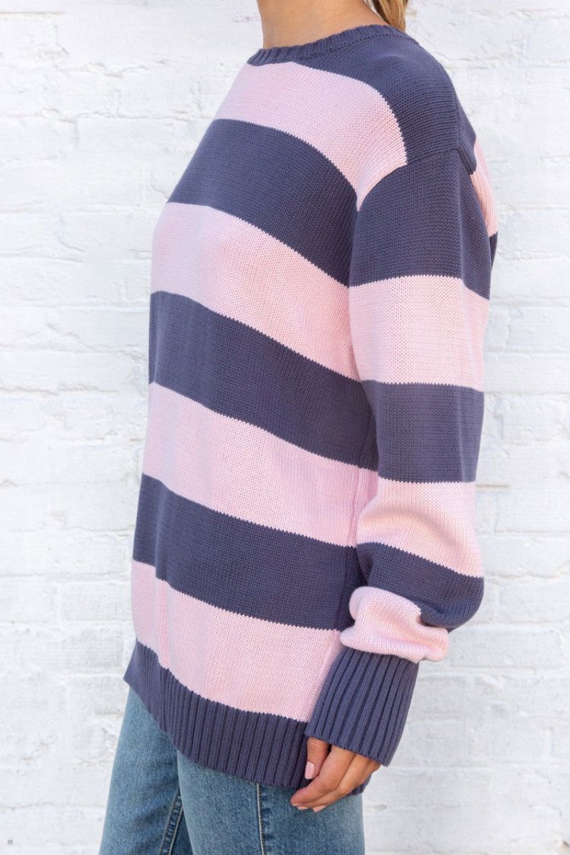 Chandail Brandy Melville Brianna Coton Thick Stripe Rose Bleu Marine | FEY-44372089